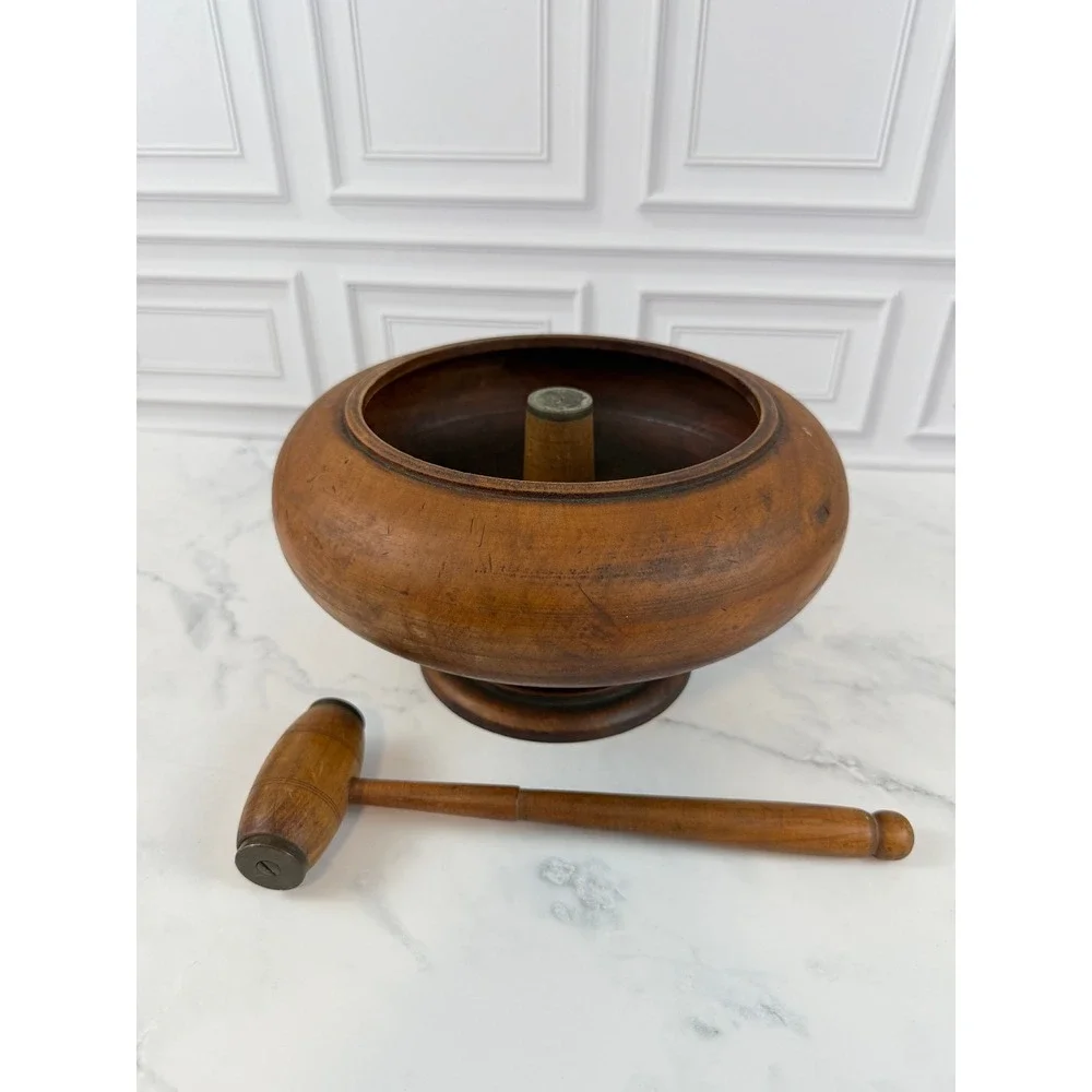 VTG Hand Turned Wooden Nutcracker Pedestal Bowl Brass Center w/Mallet